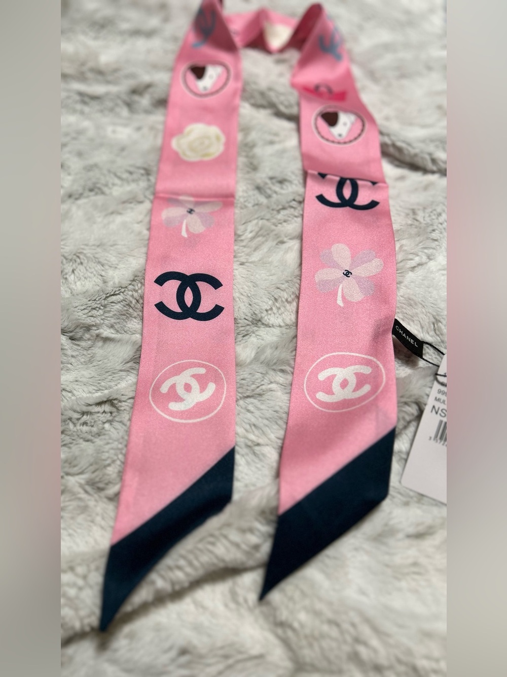 C Pink and Navy Silk Twilly with Motifs